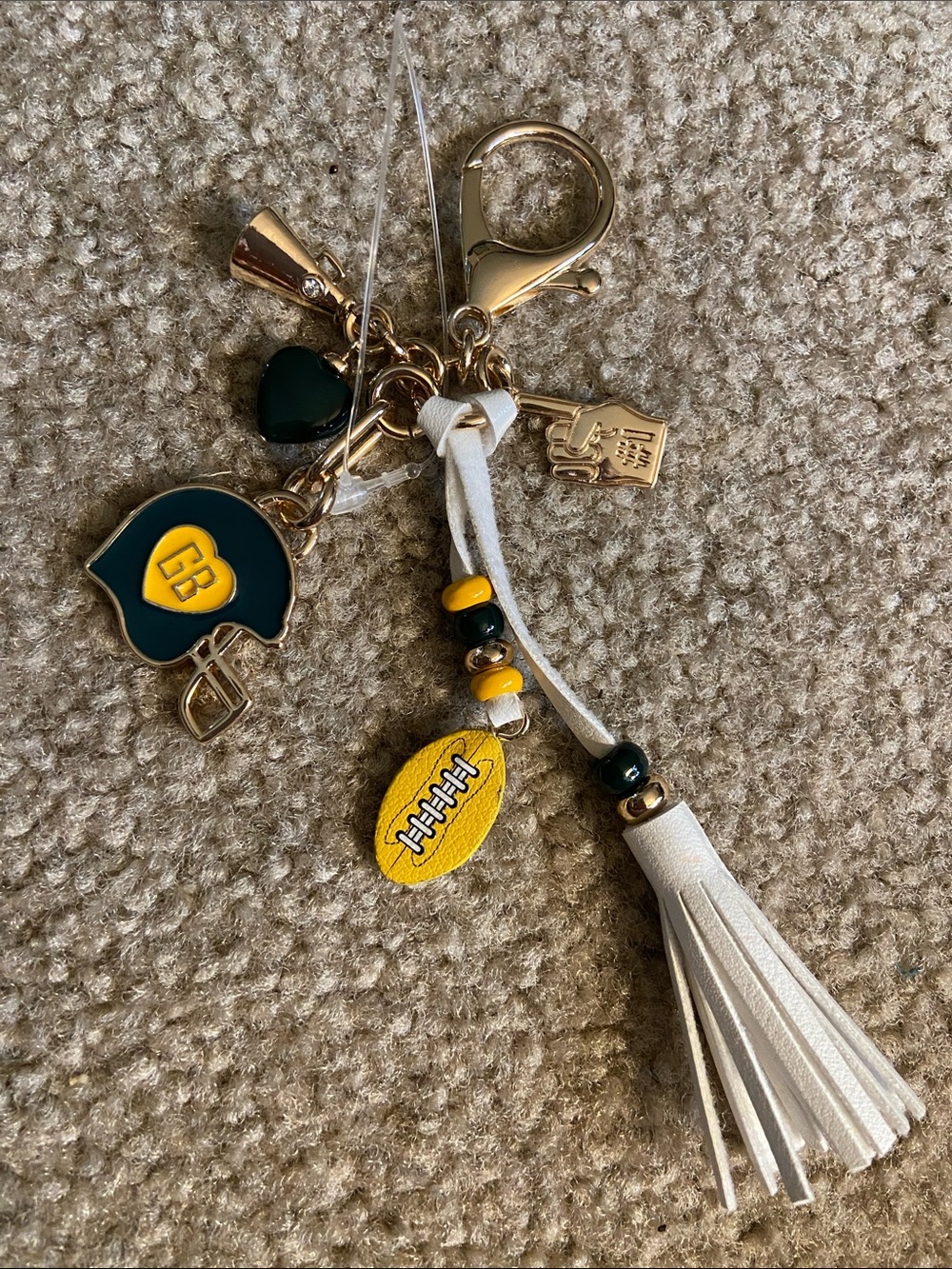Anthropologie Gold-tone Charm Keychain with White Suede and Green Accent